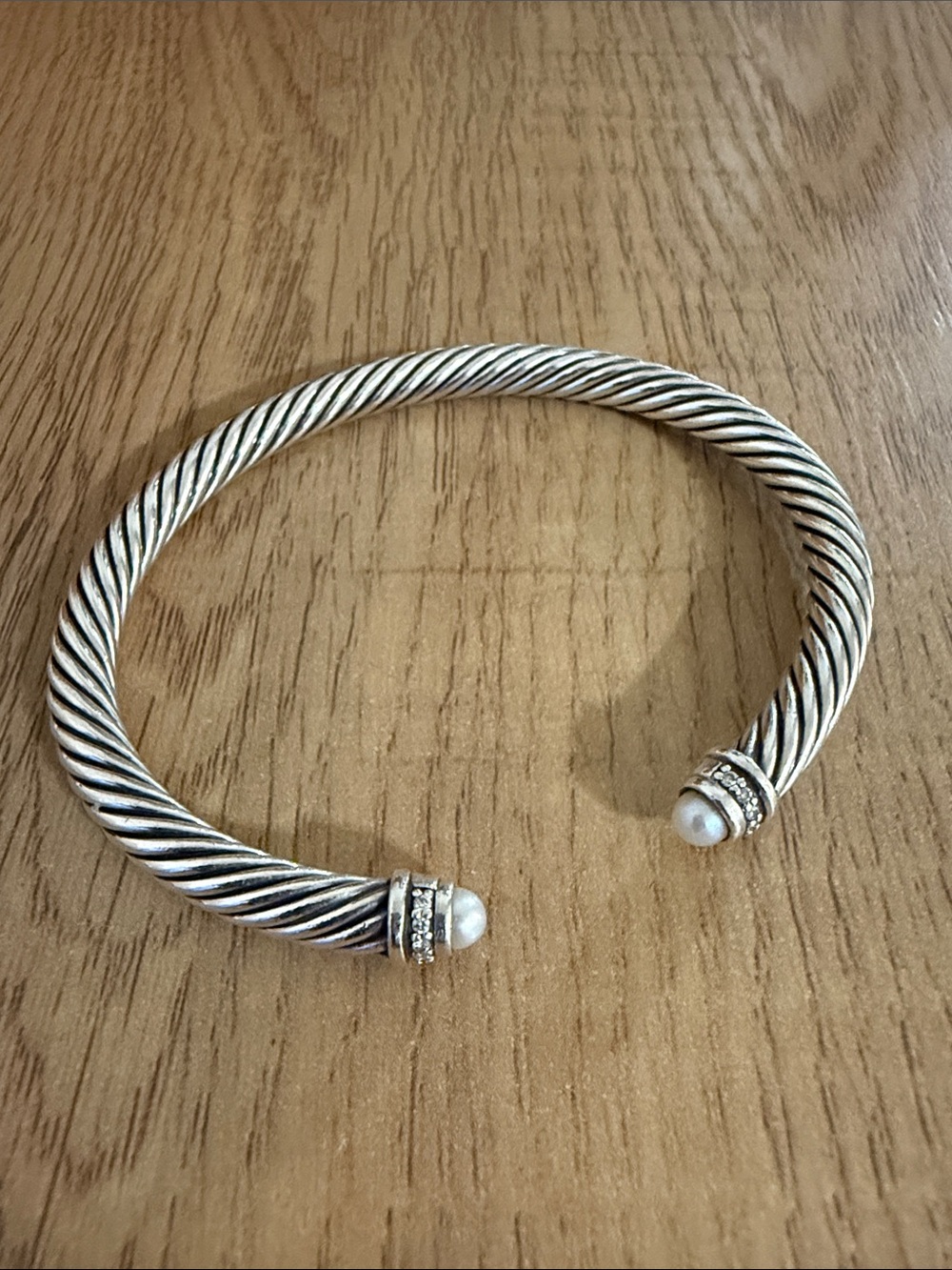 David Yurman Silver Twisted Cable Cuff with Pearl Caps & Diamonds